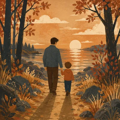 Father and Child on Sunset Woodland Path