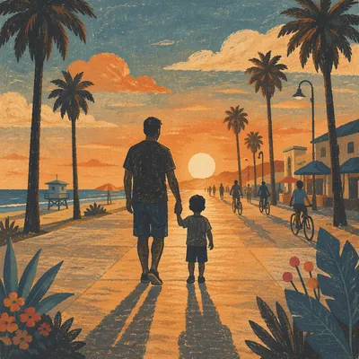 Father and Child Sunset Promenade Walk