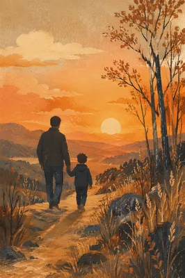 Father and Child on Sunset Hillside Path