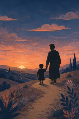 Father and Child Sunset Hillside Walk