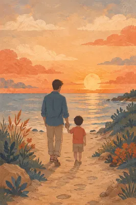Father and Child Sunset Coastal Walk