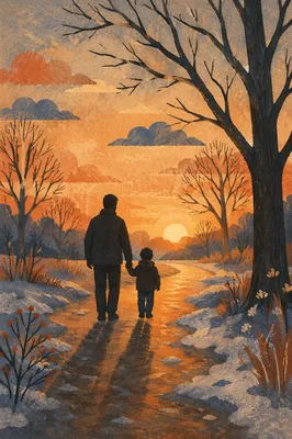 Father and Child on Winter Sunset Path
