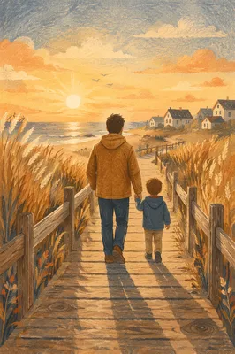 Father and Child Sunset Boardwalk Walk