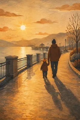 Father and Child Sunset Promenade Walk