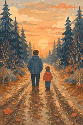 Father and Child on Autumn Forest Path