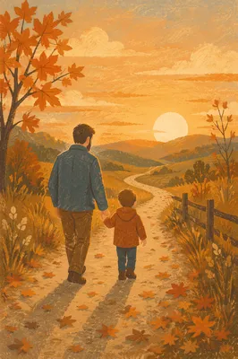 Father and Child on Autumn Sunset Path