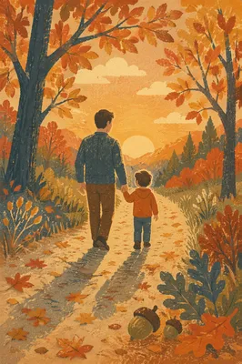 Father and Child on Autumn Sunset Path