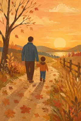 Father and Child on Autumn Sunset Path