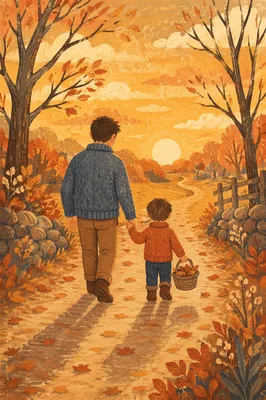 Father and Child Autumn Sunset Walk