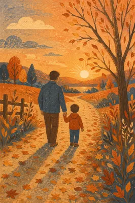 Father and Child on Autumn Sunset Path