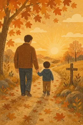 Father and Child on Autumn Faith Path
