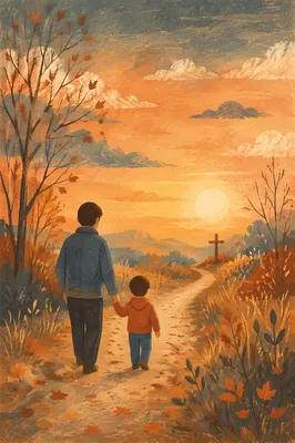 Father and Child on Autumn Faith Path