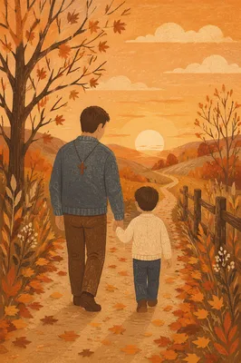 Father and Child on Autumn Sunset Path