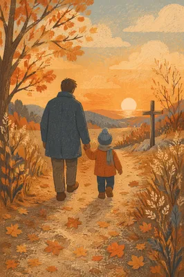 Father and Child on Autumn Faith Path