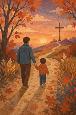 Father and Child Walking Toward Sunset Cross