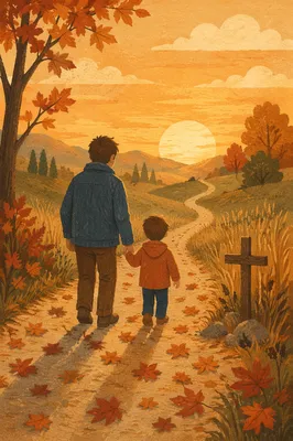 Father and Child on Autumn Sunset Path