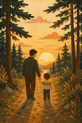 Father and Child on Sunset Woodland Path