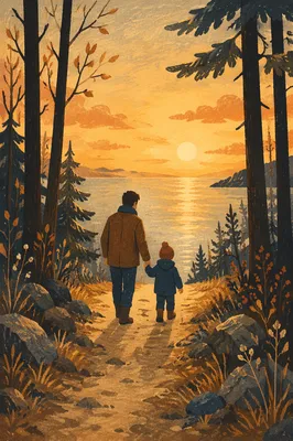 Father and Child Sunset Shore Path