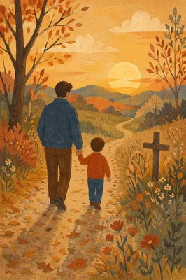 Father and Child on Autumn Faith Path