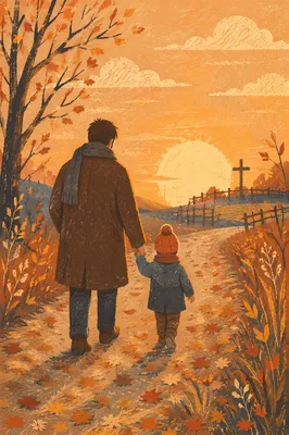 Father and Child on Autumn Faith Path