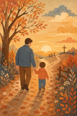 Father and Child on Autumn Faith Path