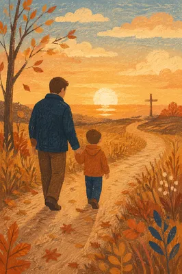 Father and Child on Autumn Sunset Path