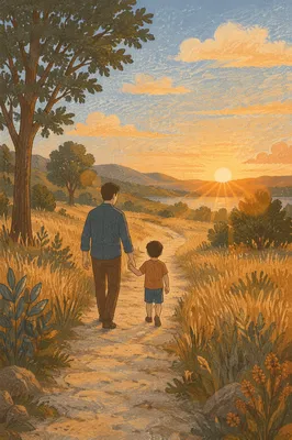 Father and Child Sunset Meadow Walk