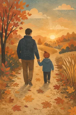 Father and Child on Autumn Sunset Path