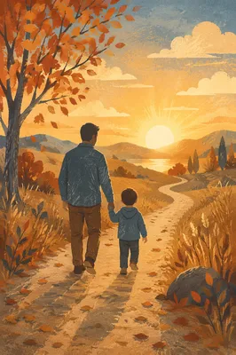 Father and Child on Autumn Sunset Path