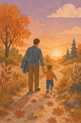 Father and Child on Autumn Sunset Path