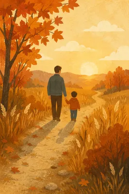 Father and Child on Autumn Sunset Path