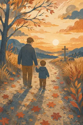 Father and Child on Autumn Sunset Path