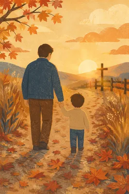 Father and Child on Autumn Sunset Path