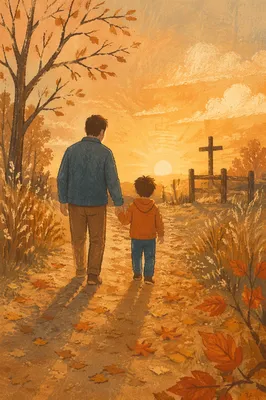 Father and Child on Autumn Sunset Path