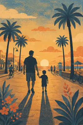 Father and Child Sunset Promenade Walk