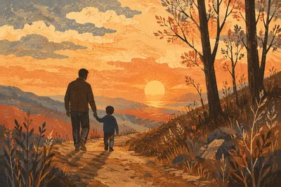Father and Child Walking at Sunset