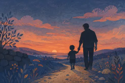 Father and Child Sunset Path Silhouette