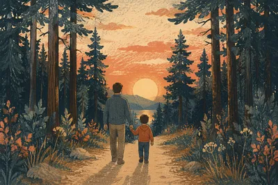 Father and Child on Sunset Woodland Path