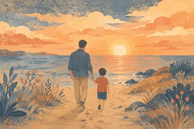 Father and Child Sunset Coastal Walk