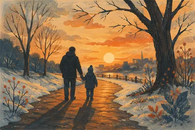 Father and Child on Winter Sunset Path
