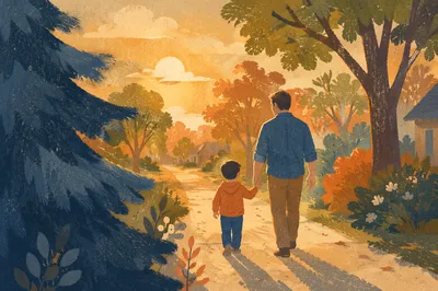 Father and Child Walking at Autumn Sunset