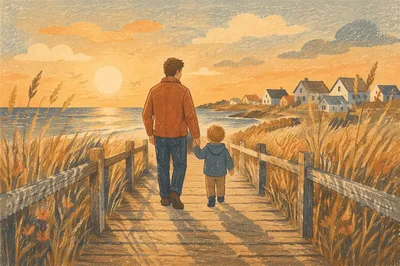 Father and Child on Sunset Boardwalk