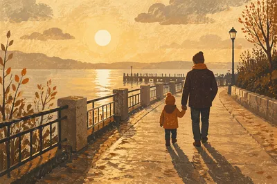 Father and Child Sunset Waterfront Walk
