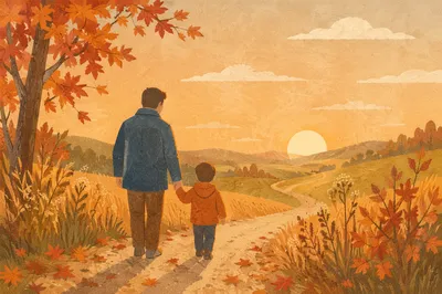 Father and Child on Autumn Sunset Path