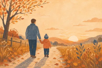 Father and Child Walking at Autumn Sunset