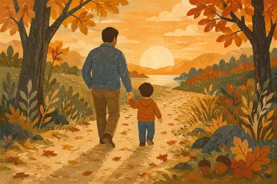 Father and Child on Autumn Sunset Path
