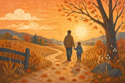 Father and Child Sunset Autumn Walk