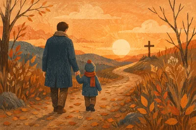 Father and Child on Autumn Faith Path