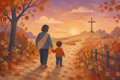 Father and Child Walking Toward Cross at Sunset