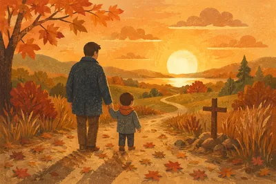 Father and Child on Autumn Sunset Path